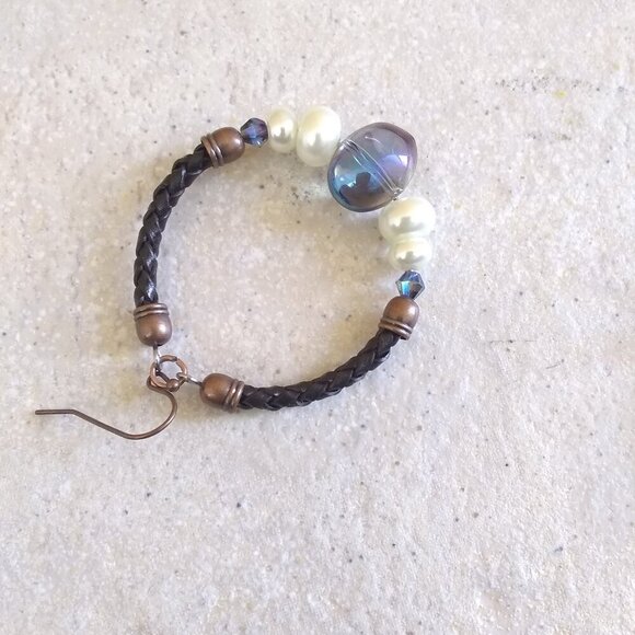 Boho Leather Hoop Earrings with Crystals & Pearls | Handmade Rustic Chic Jewelry - Picture 4 of 12